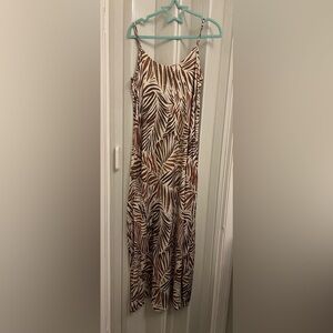 Elegant Brown Leaf Print Midi Dress